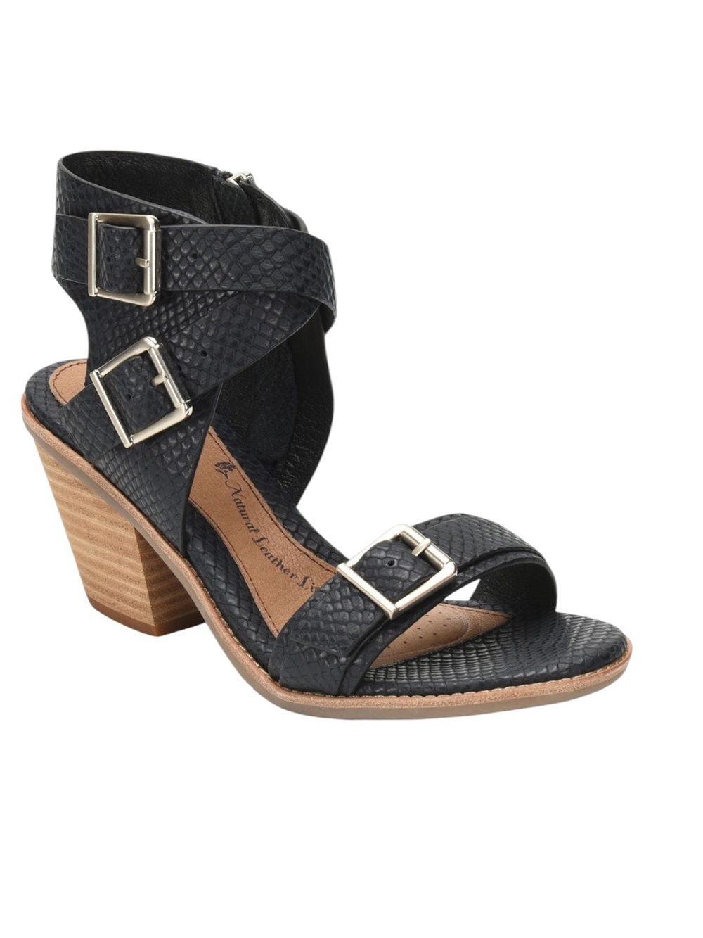 Sofft Marlyn Black Snake-Embossed Leather Strappy Block Heel Sandal Size 6.5